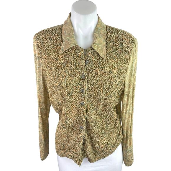 Francess Erita Gold Tan Textured Paisley Long Sleeve Button Up Shirt Top Size 12 - Picture 1 of 4